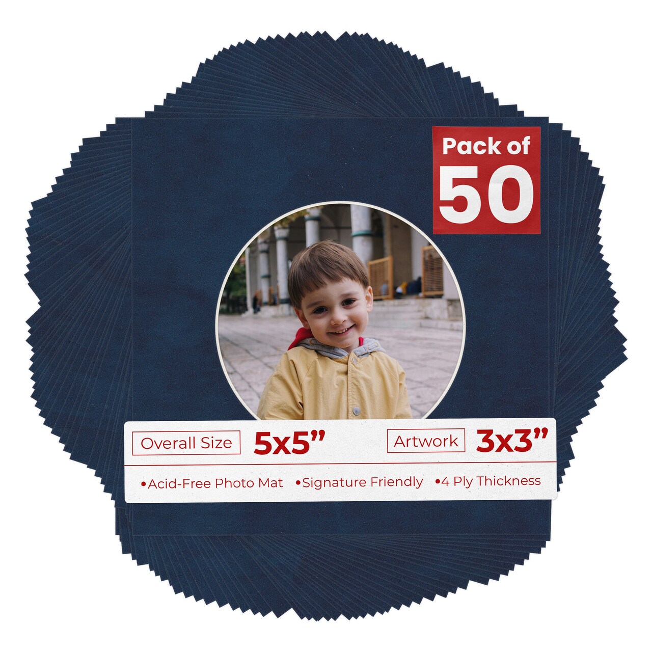 Navy Suede Mat Board for 5x5 Inch Frames - Circle Opening for 3x3 Photos